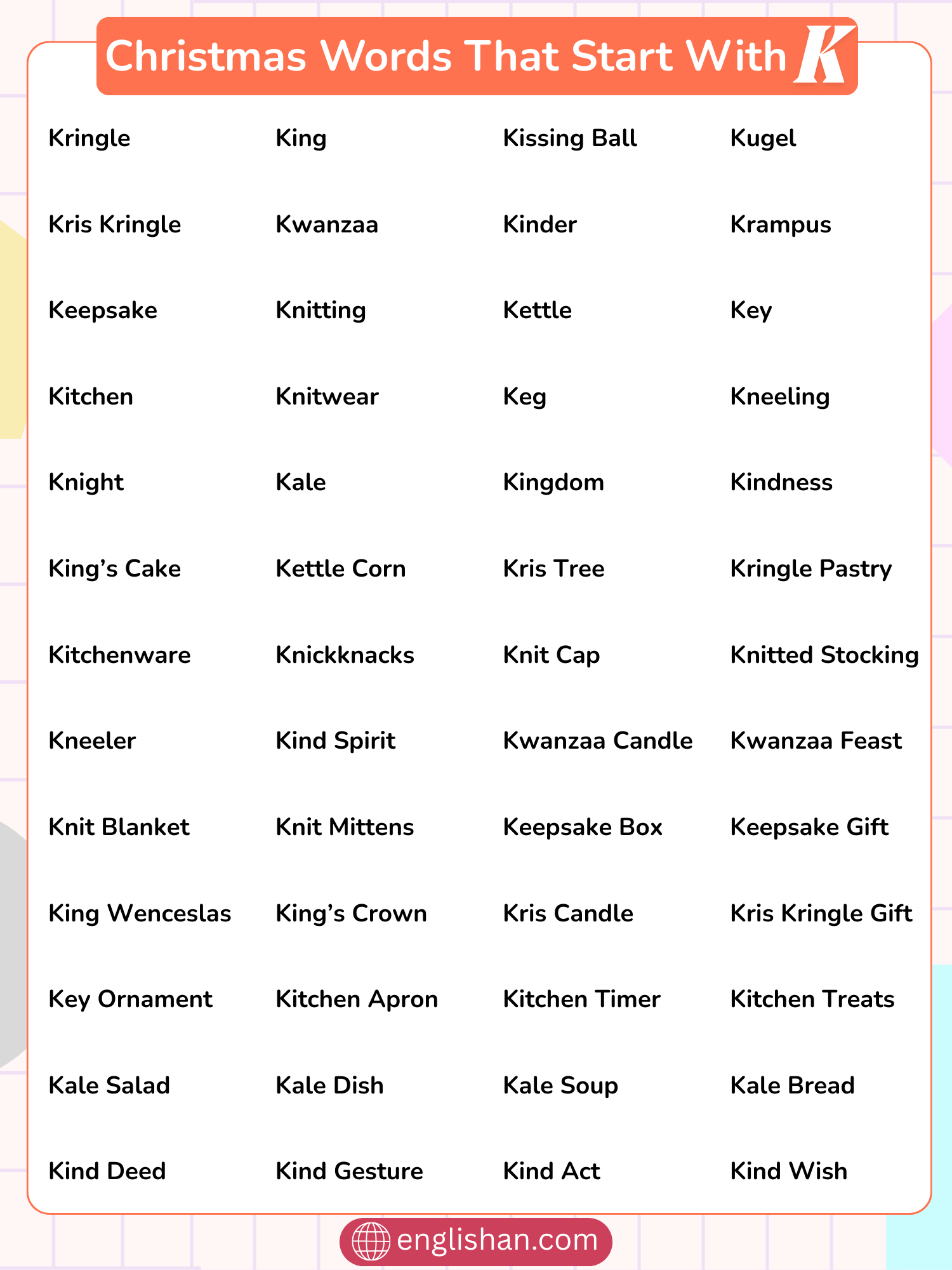 Christmas words that start with K including Kringle, Kettle, and King for vocabulary learning