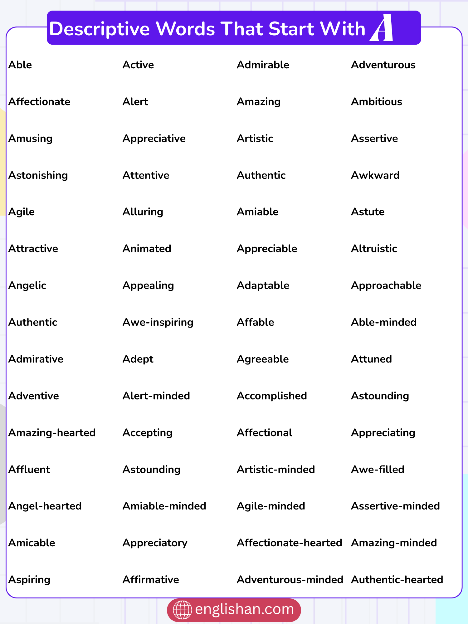 Descriptive words that start with A