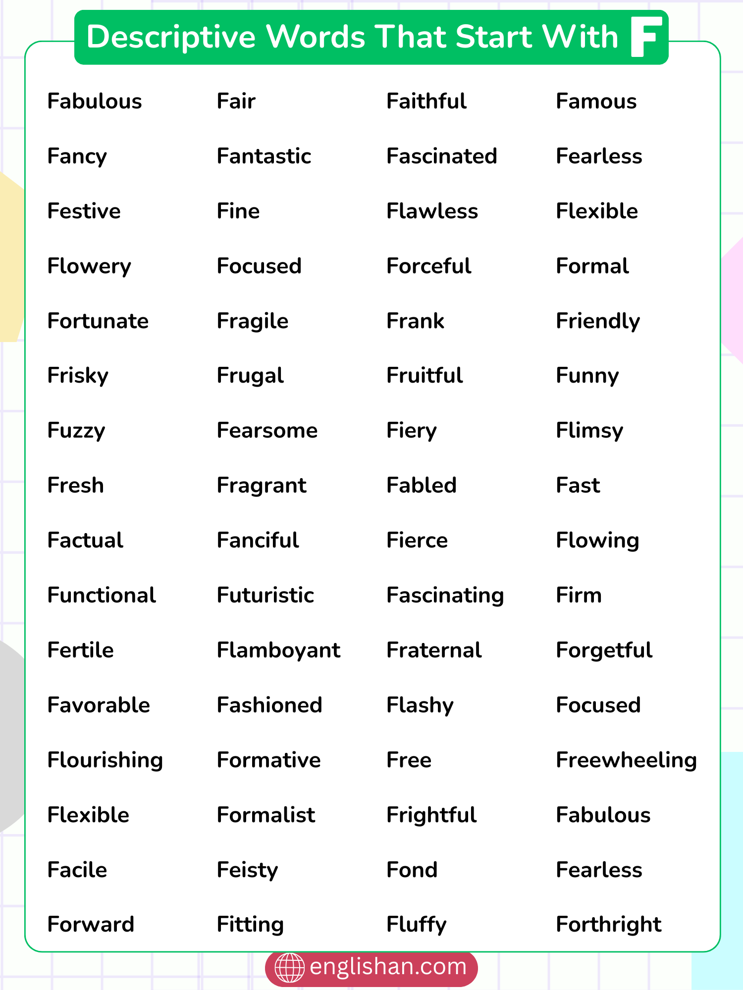 List of Descriptive Words That Start With F with appearance and food