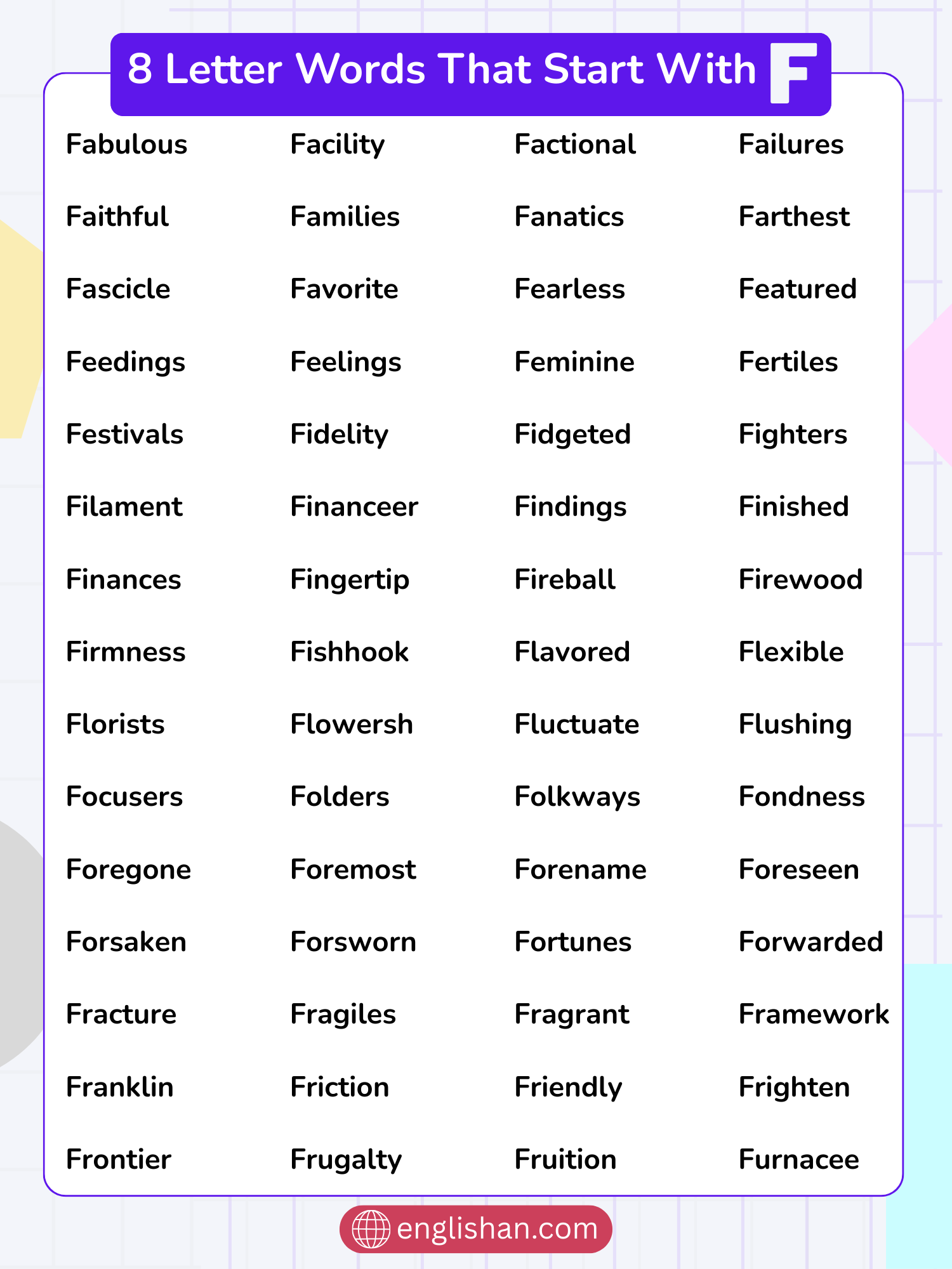 List of Eight Letter Words That Start With F with foods, animals