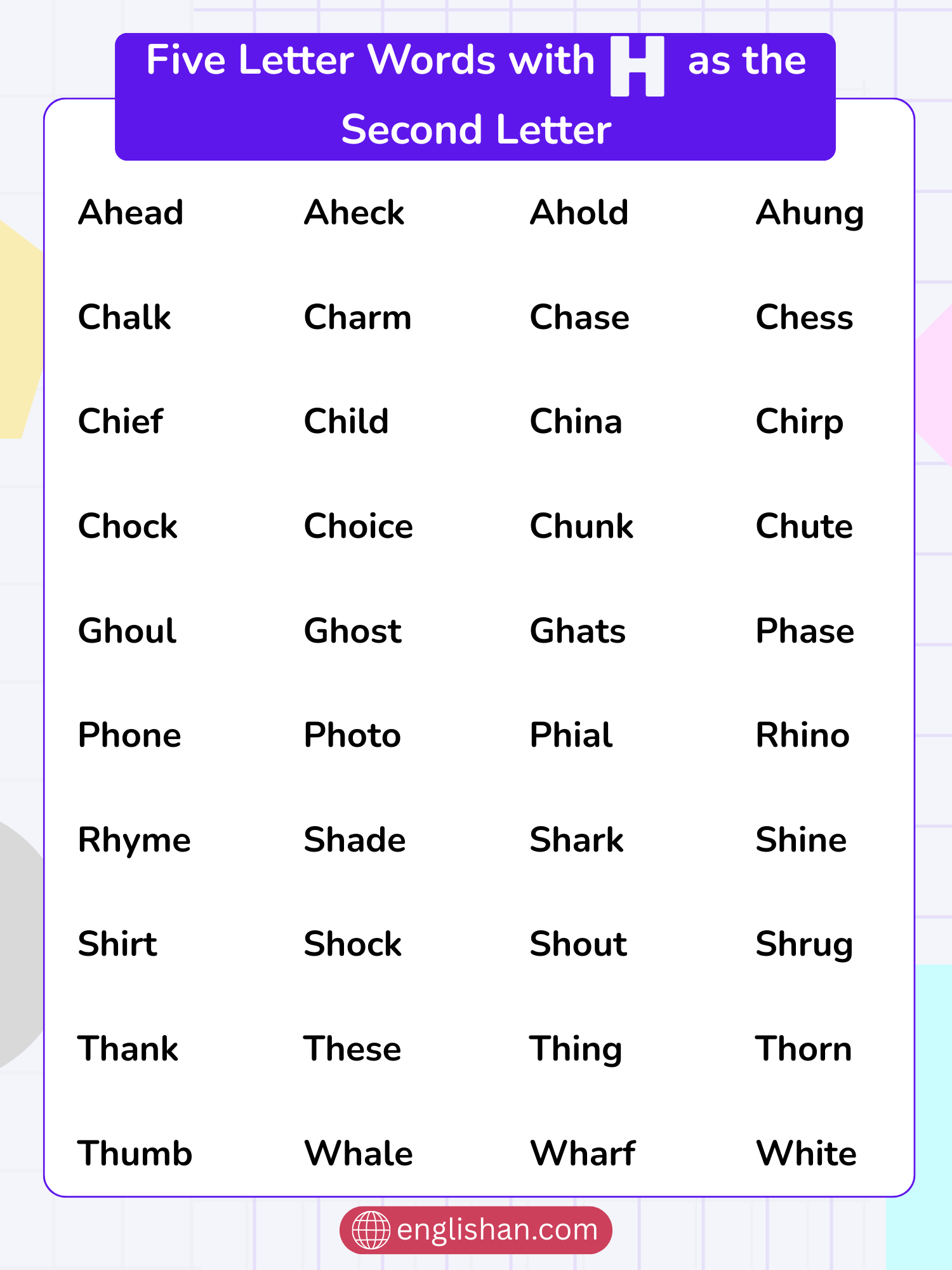  List of 5 letter words with H as the 2nd letter