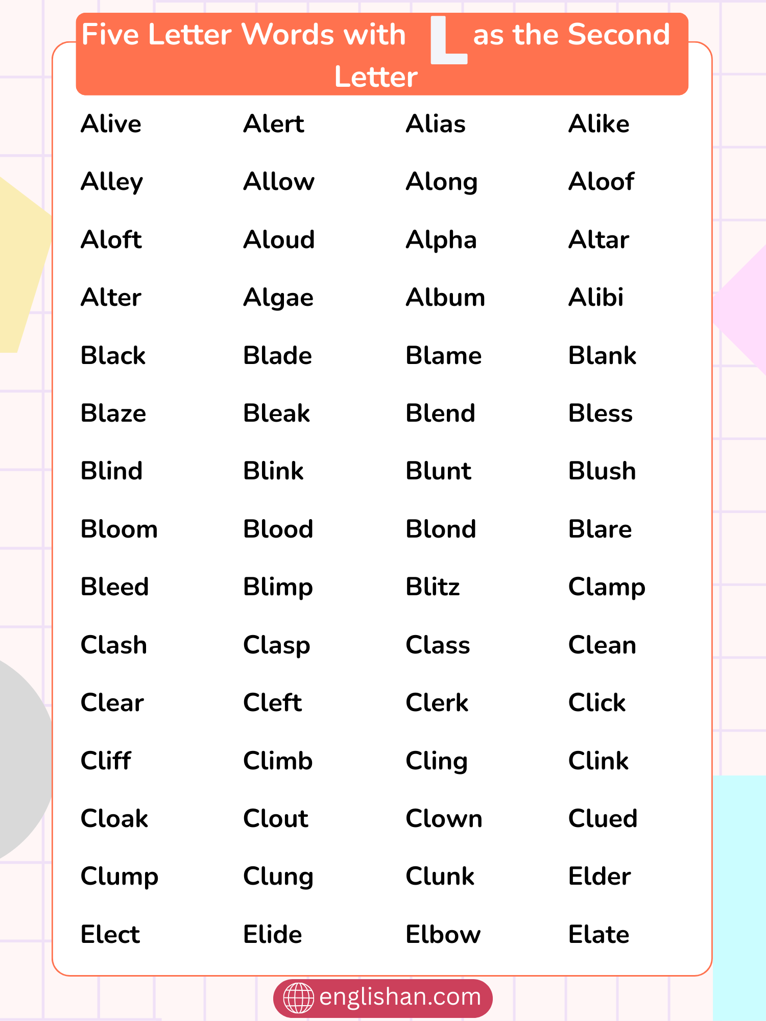 List of 5 letter words with L as the 2nd letter