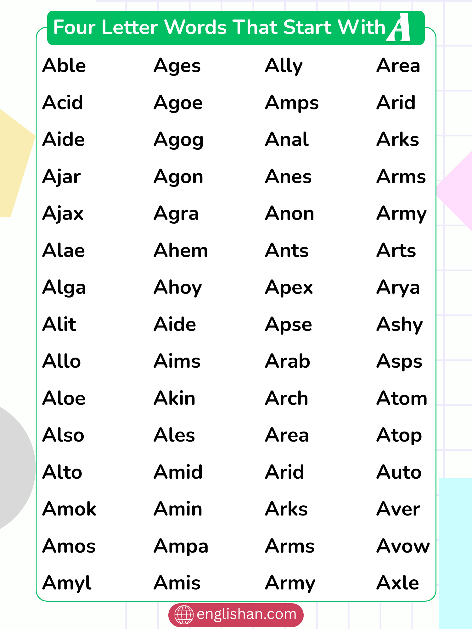four letter words that start with A vocabulary list