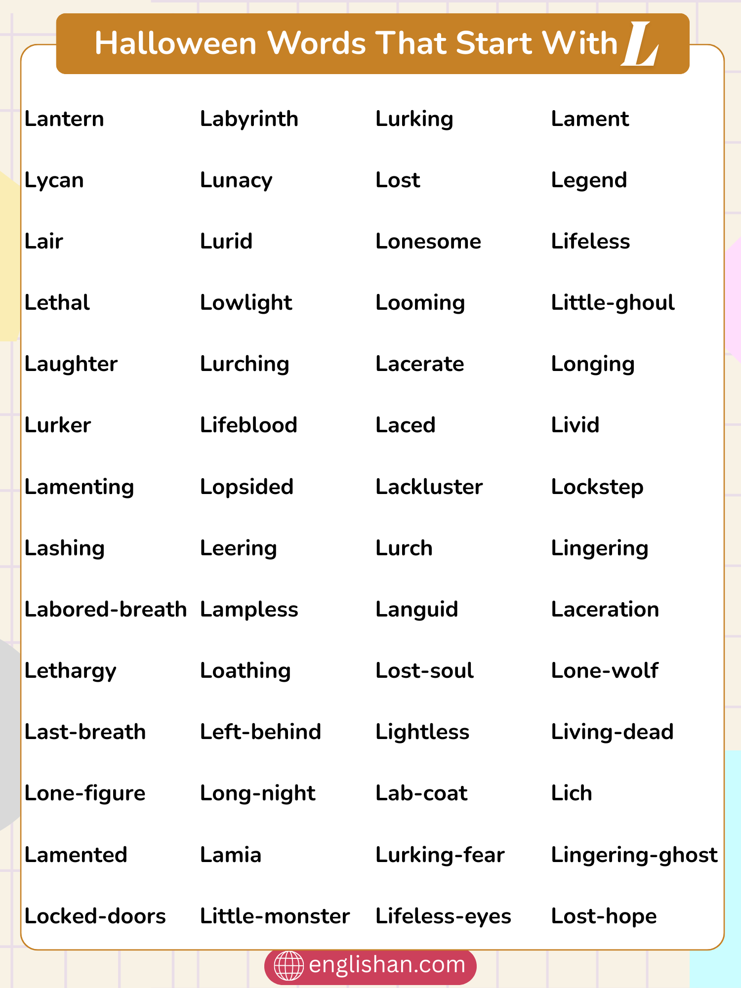 Halloween words that start with L for preschool and party