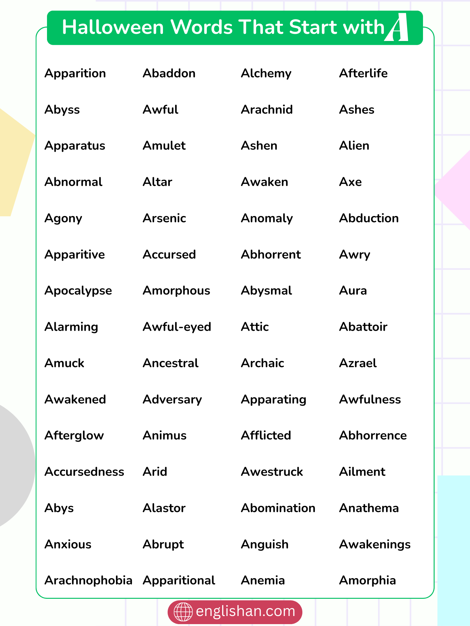 Halloween words that start with A