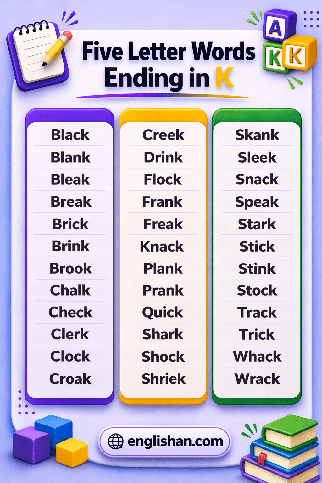 List of five-letter words ending in K, with words such as break, chick, cloak, and stack.
