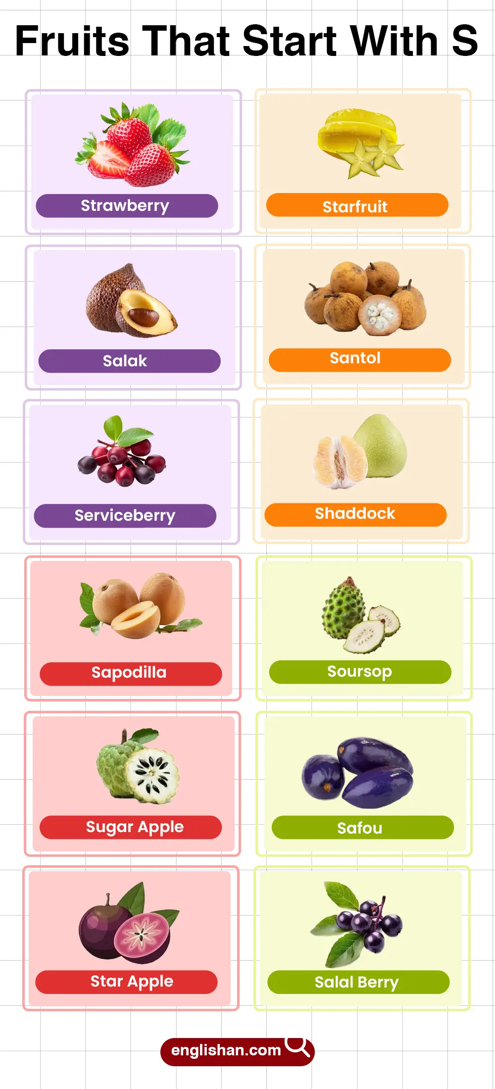 List of fruits that start with S including tropical, citrus, and berry types