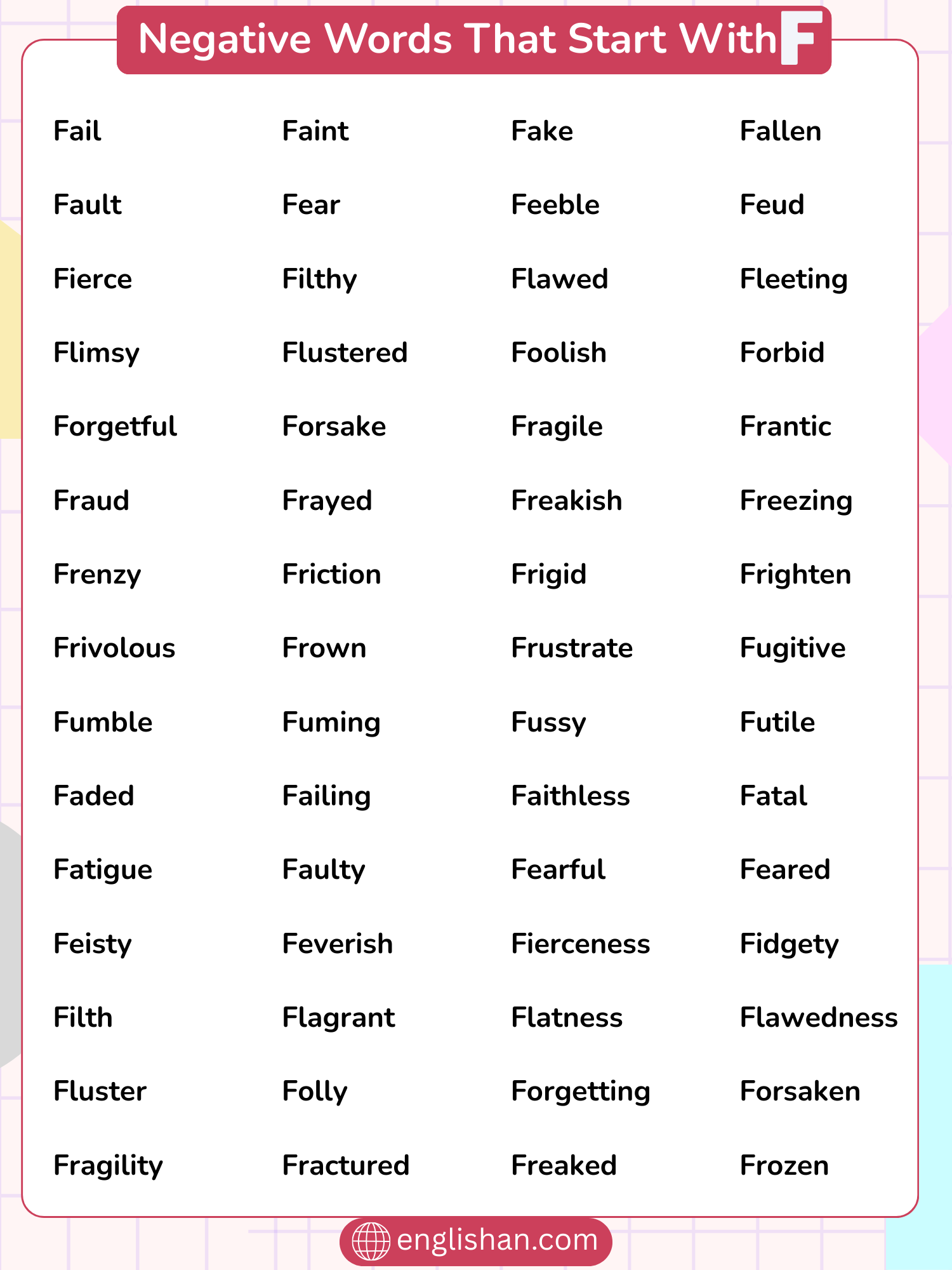 Negative words that start with F for daily use and traits
