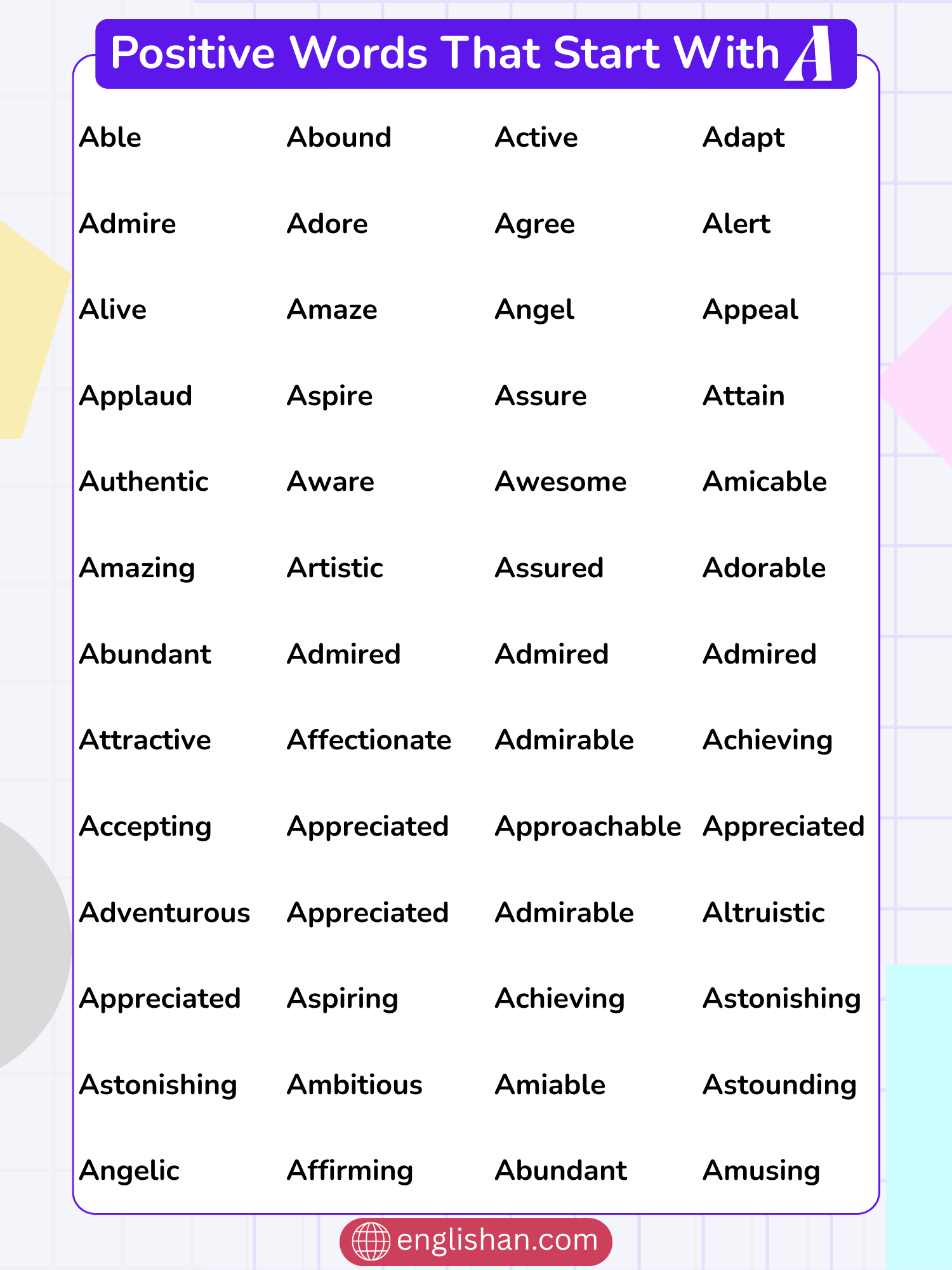 List of positive words that start with A
