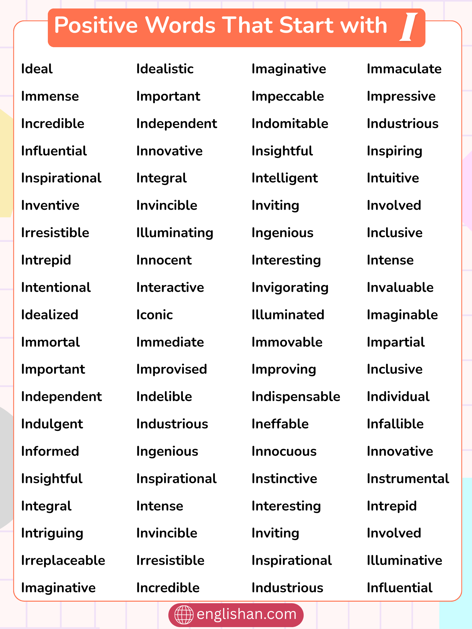 List of Positive Words That Start with I including personality and mindset words