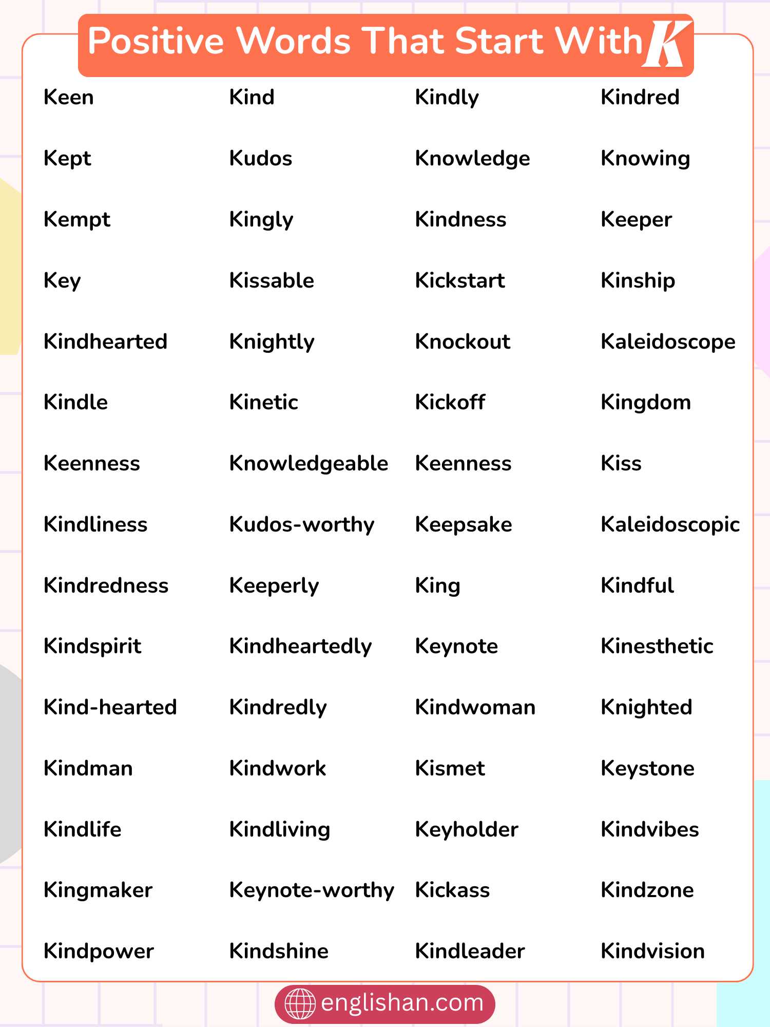 Positive Words That Start With K including kind and keen