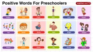 Positive words for preschoolers including joy, kindness, creativity