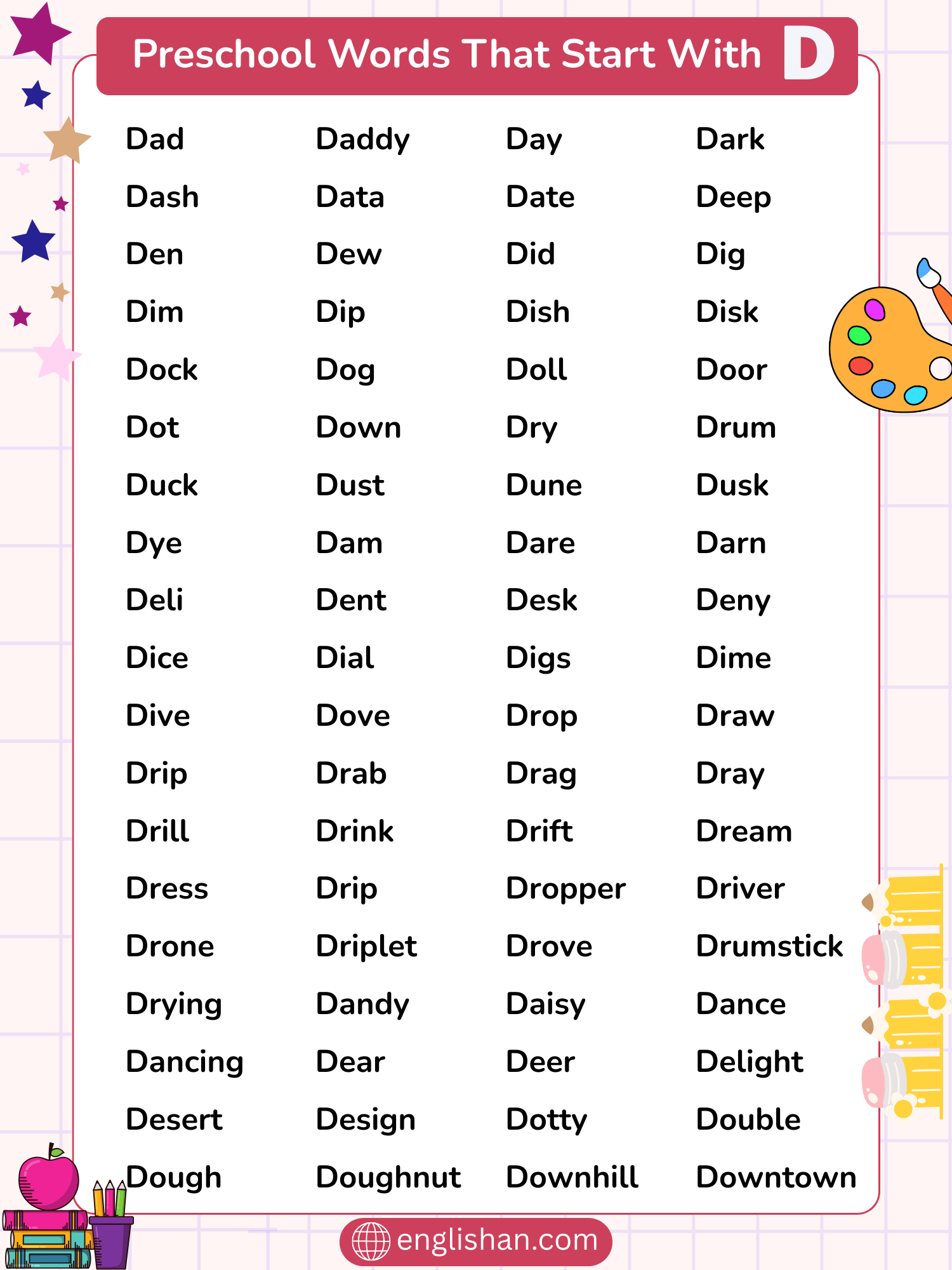 Preschool words that start with D including dad, duck, and drum