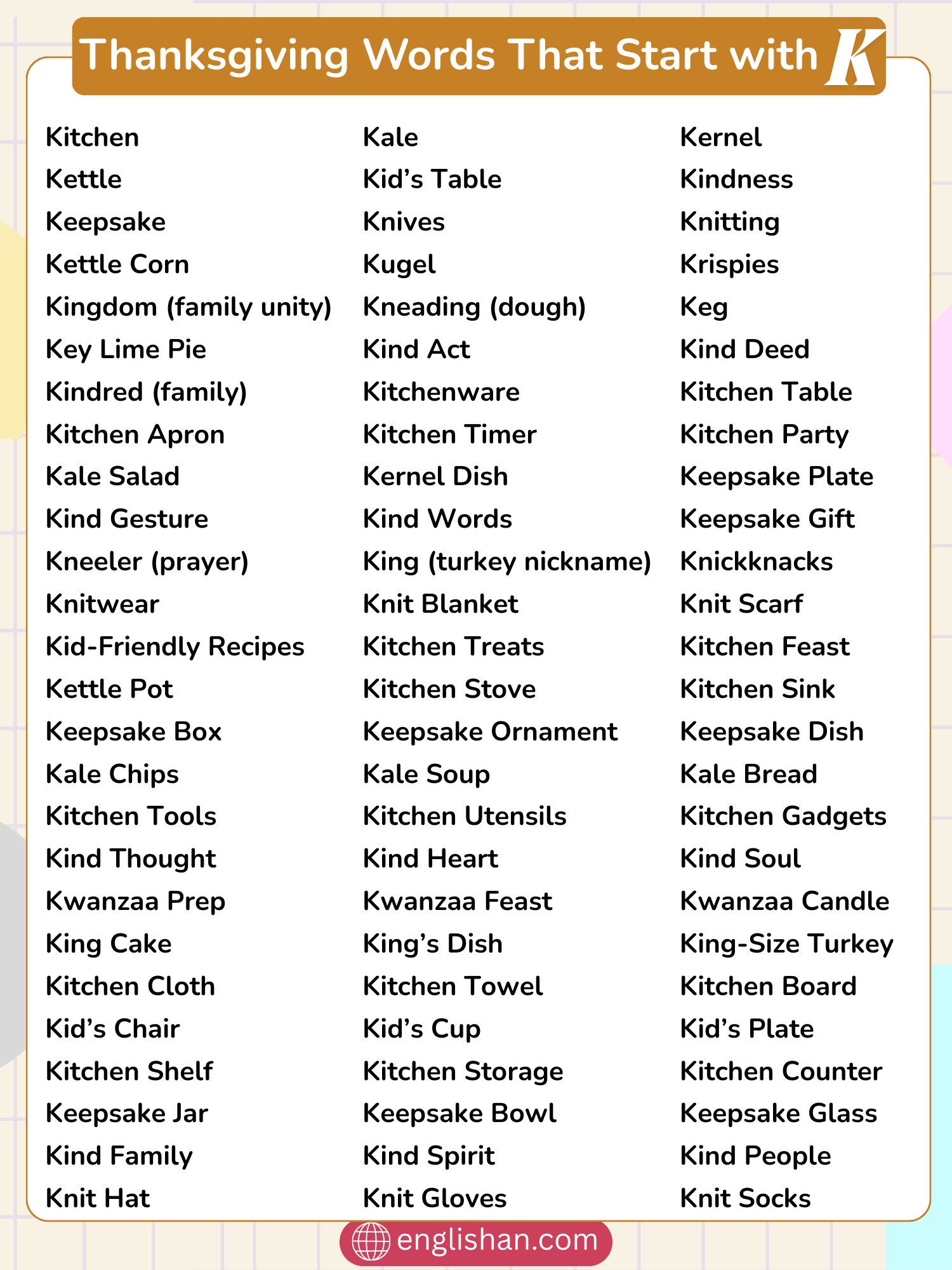 Thanksgiving words that start with K including foods, songs, and traditions