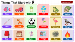 Things that start with F including foods, animals, and objects for vocabulary learning