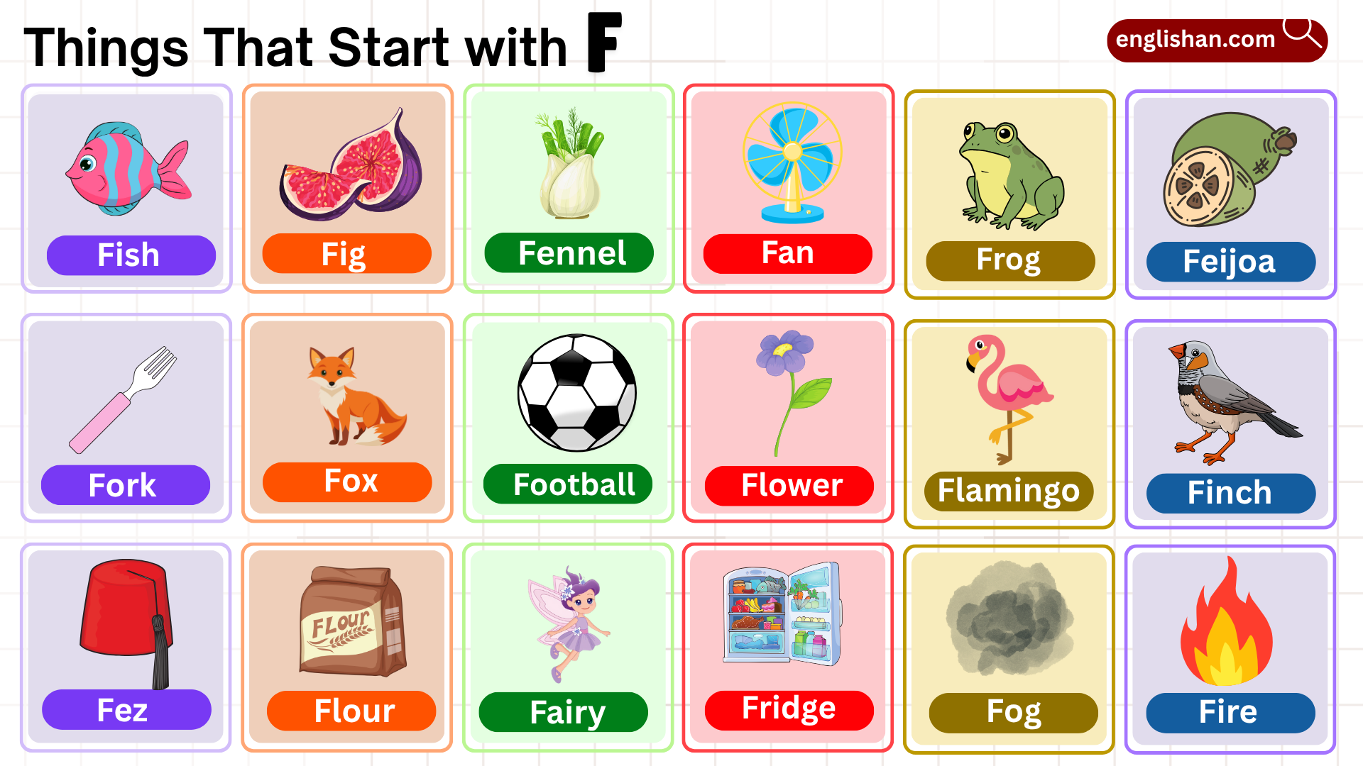 Things that start with F including foods, animals, and objects for vocabulary learning