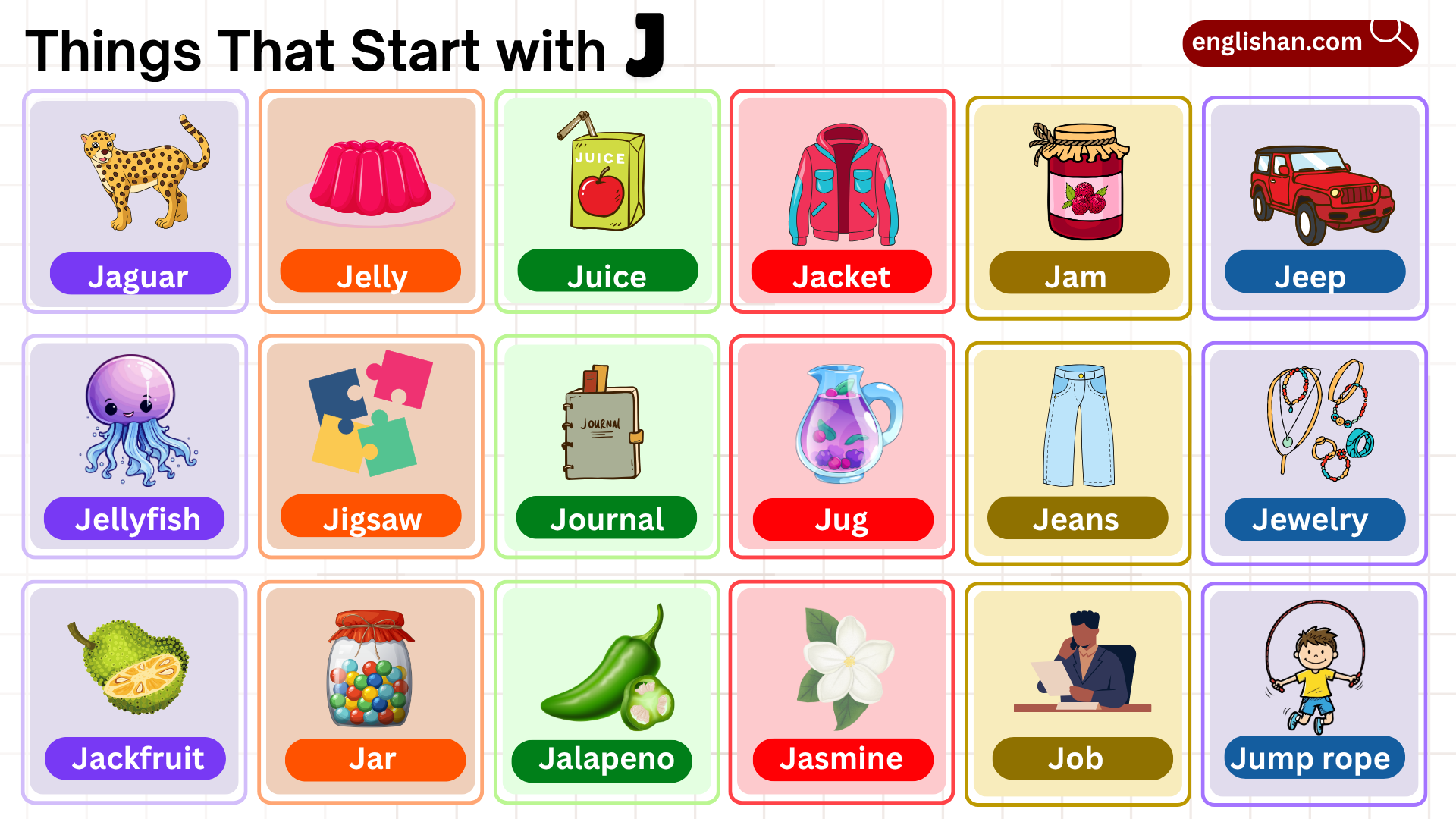 Things that start with J including foods, animals, and objects