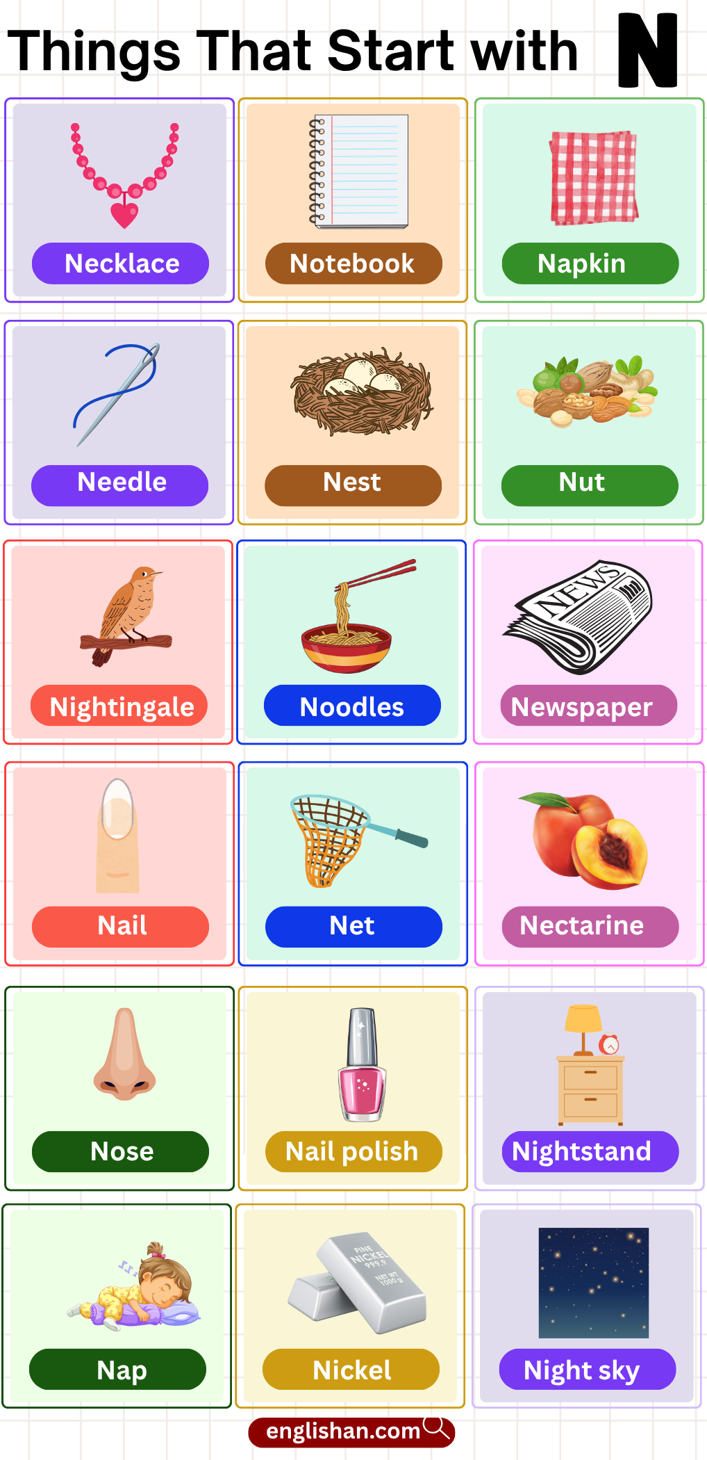 list of things that start with N such as foods, animals, and objects