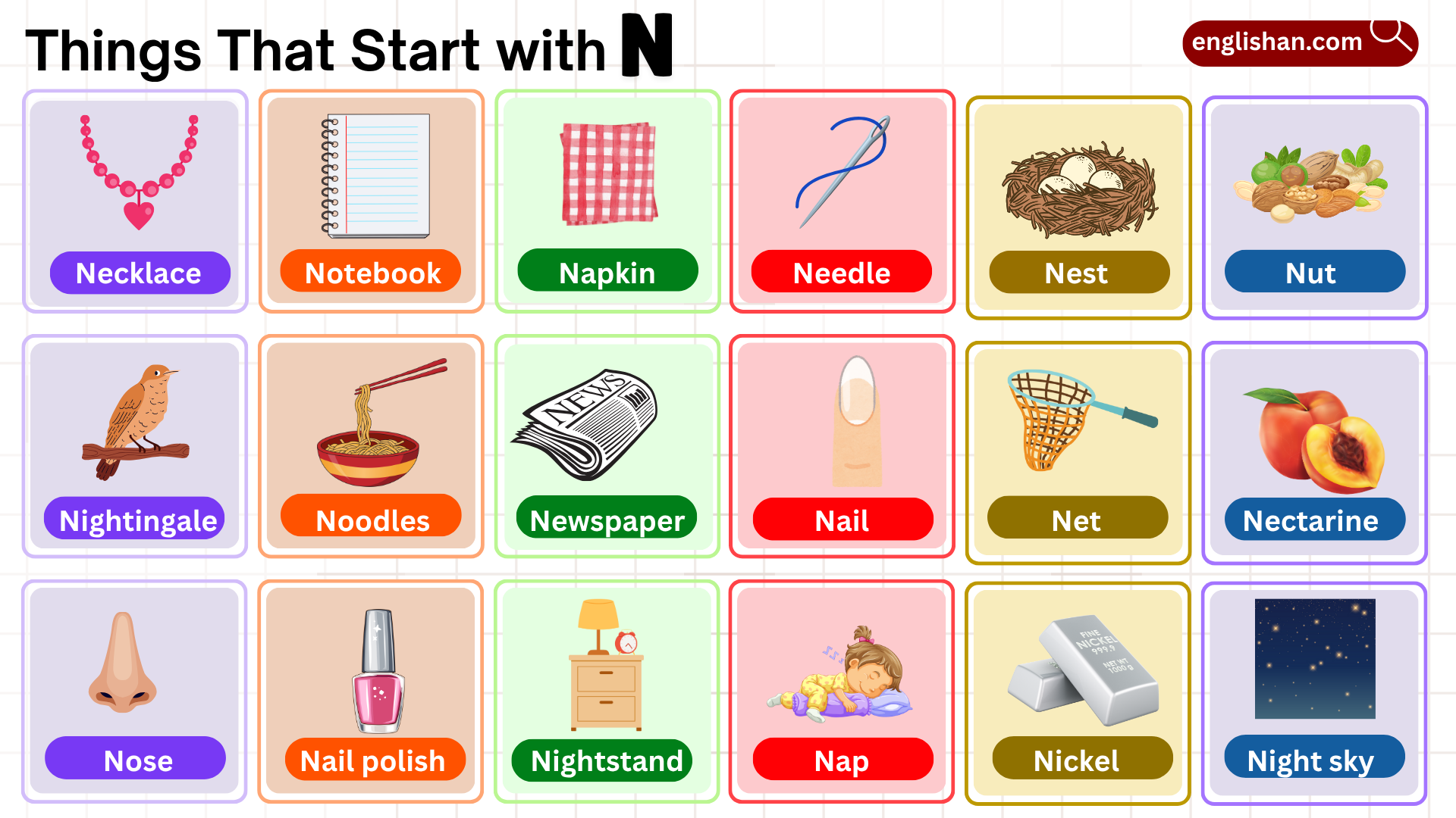 list of things that start with N such as foods, animals, and objects