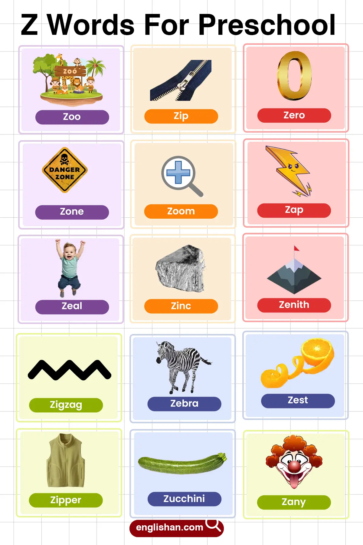 List of Preschool Words That Start With Z including animals and foods