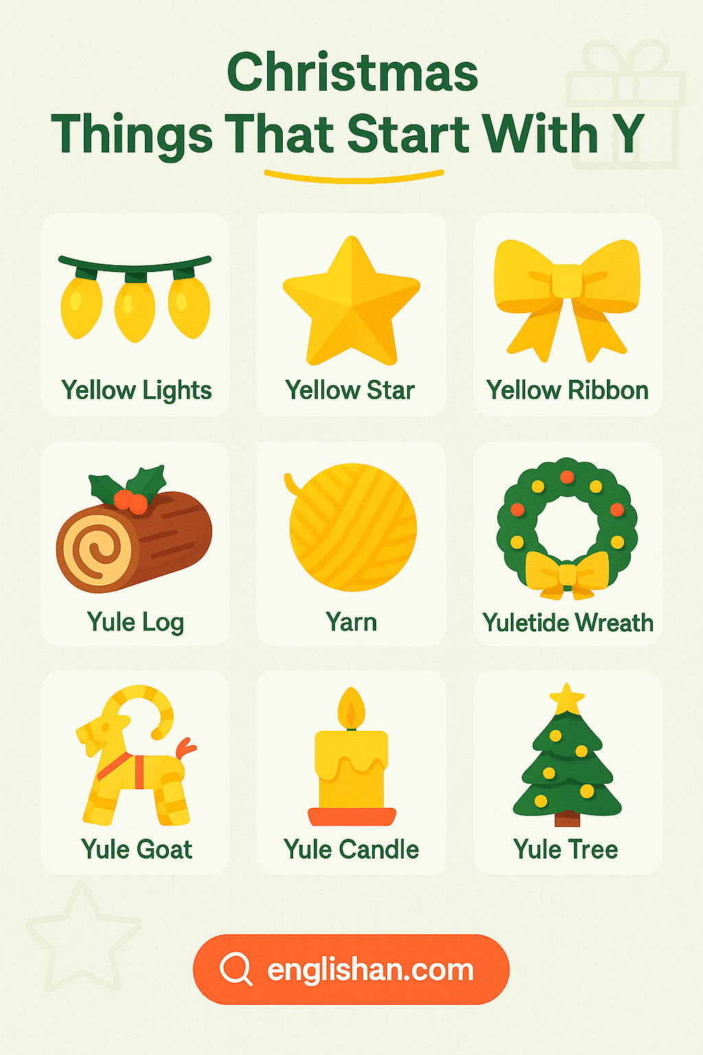 List of Christmas things that start with y such as yule log and yarn
