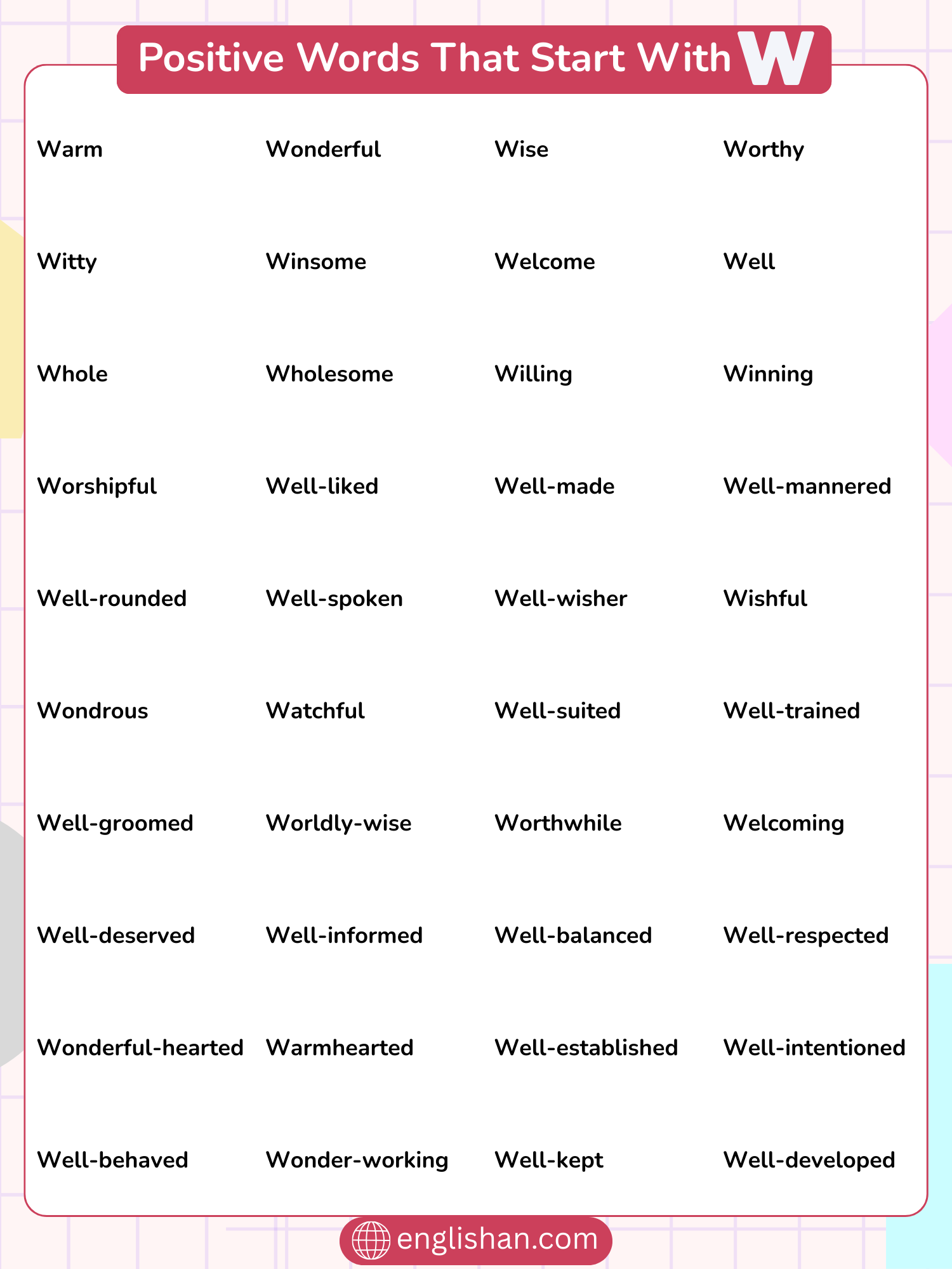 List of Positive Words That Start With W
