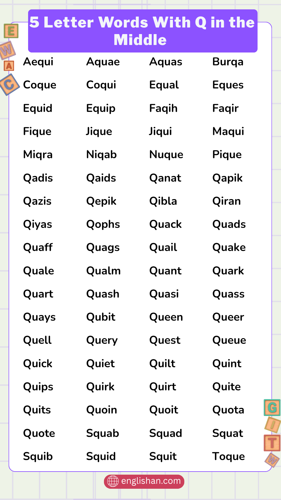 5-letter words with Q in the middle such as Equal, Equip, and Burqa
