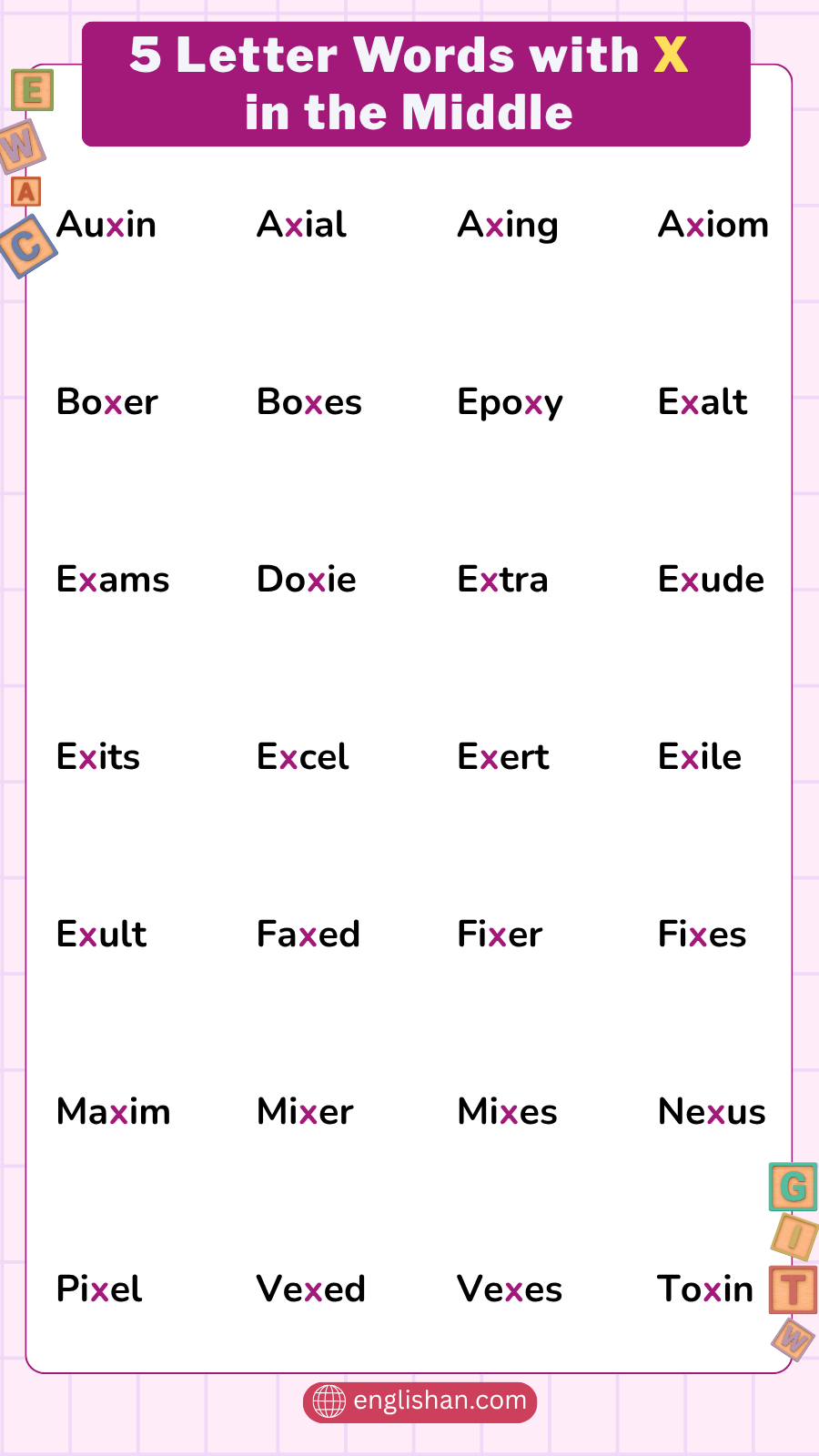 5-Letter Words With X in the Middle List