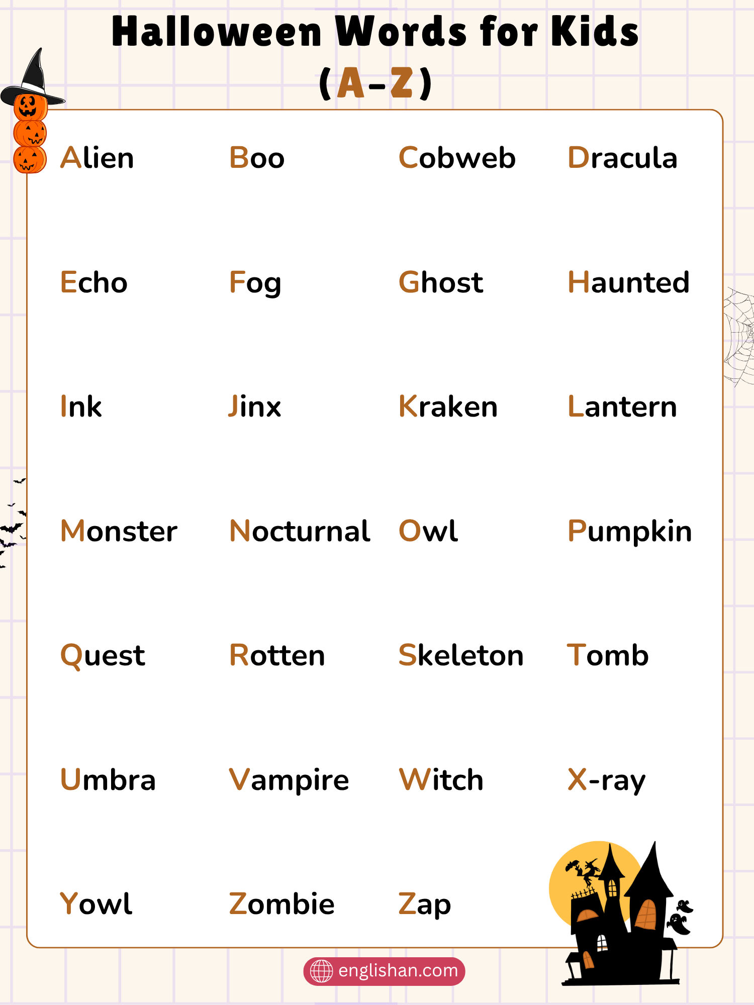 Halloween words for kids A–Z list with fun vocabulary and pictures