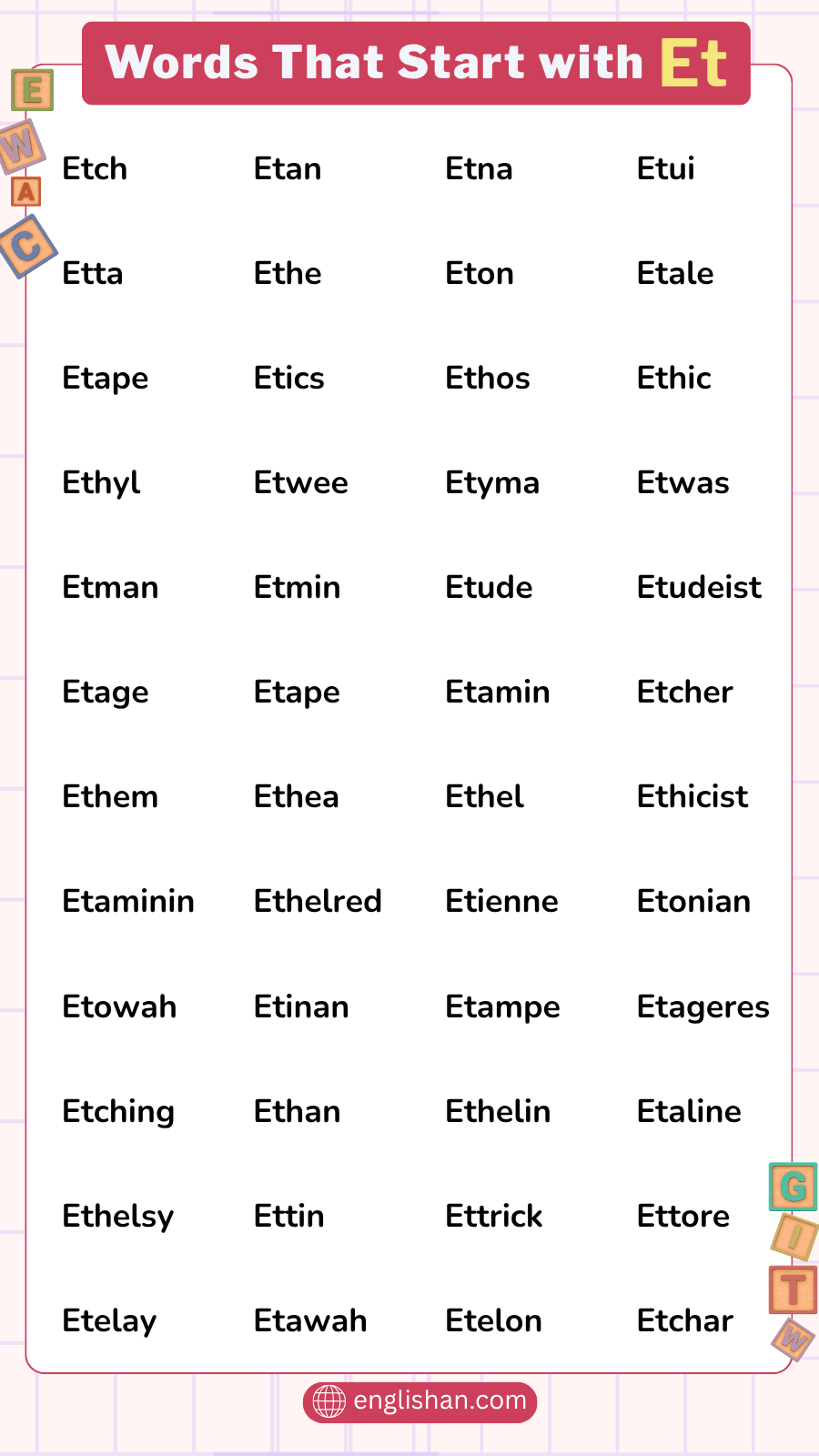 List of words that start with Et including short and long words