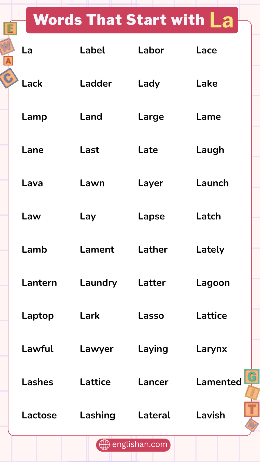 Words that start with “La” in English vocabulary for learning and practice