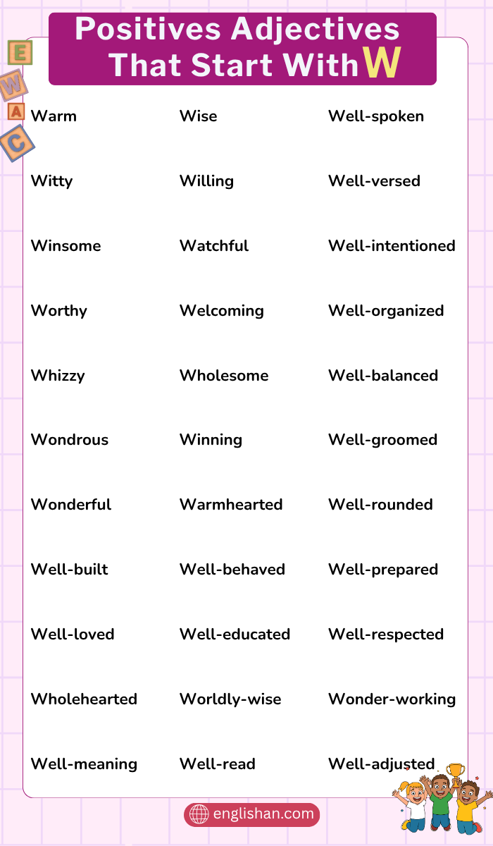  positive adjectives that start with W list with meanings and examples