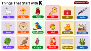 Things that start with K including foods, animals, and objects for learners
