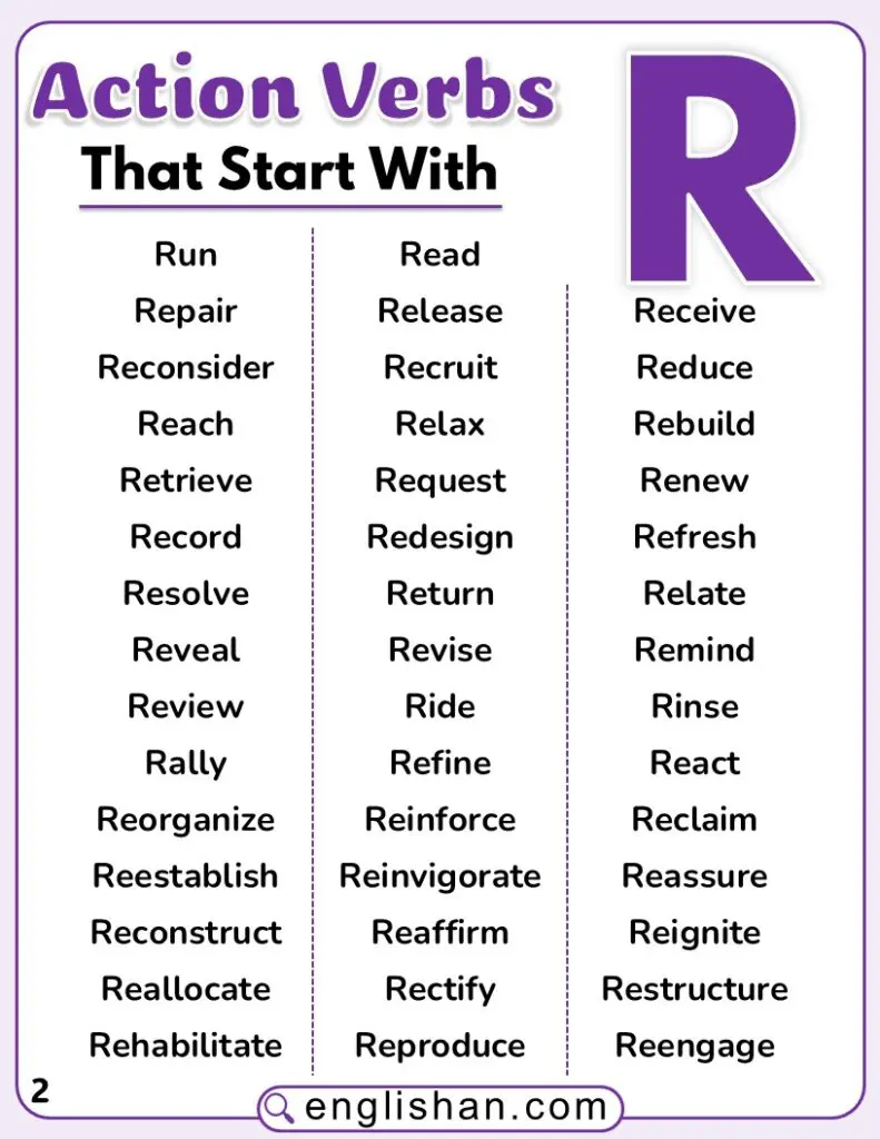 action verbs starting with R with meanings and example sentences