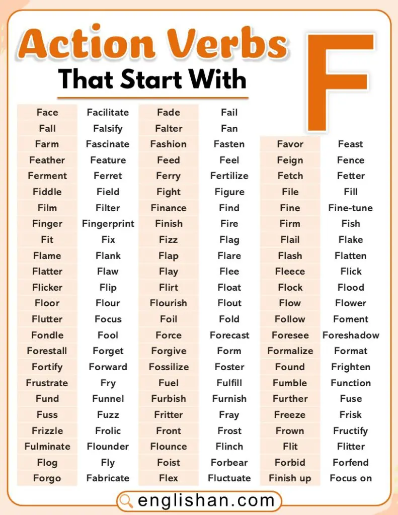 Action verbs starting with F with examples