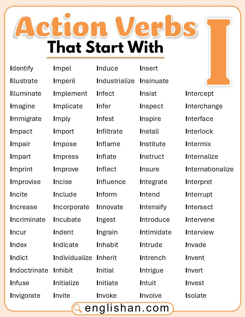 An action verb starting with I explained with meaning and a clear example.