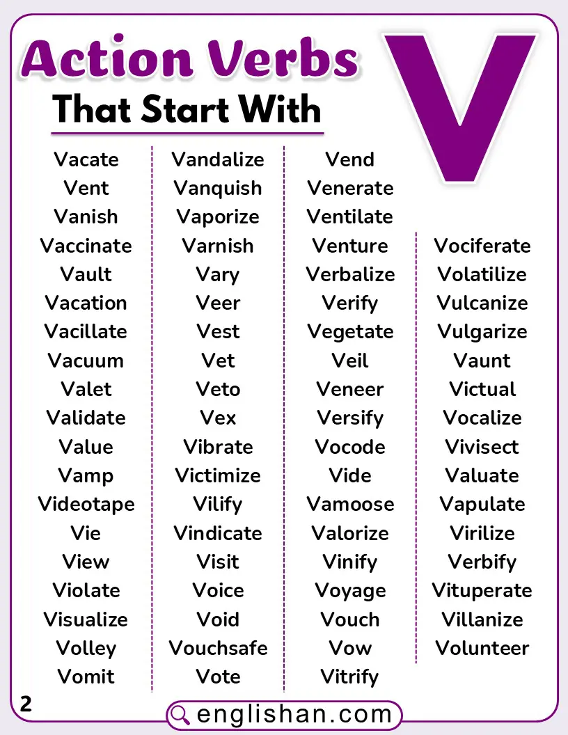 Common action verbs starting with V