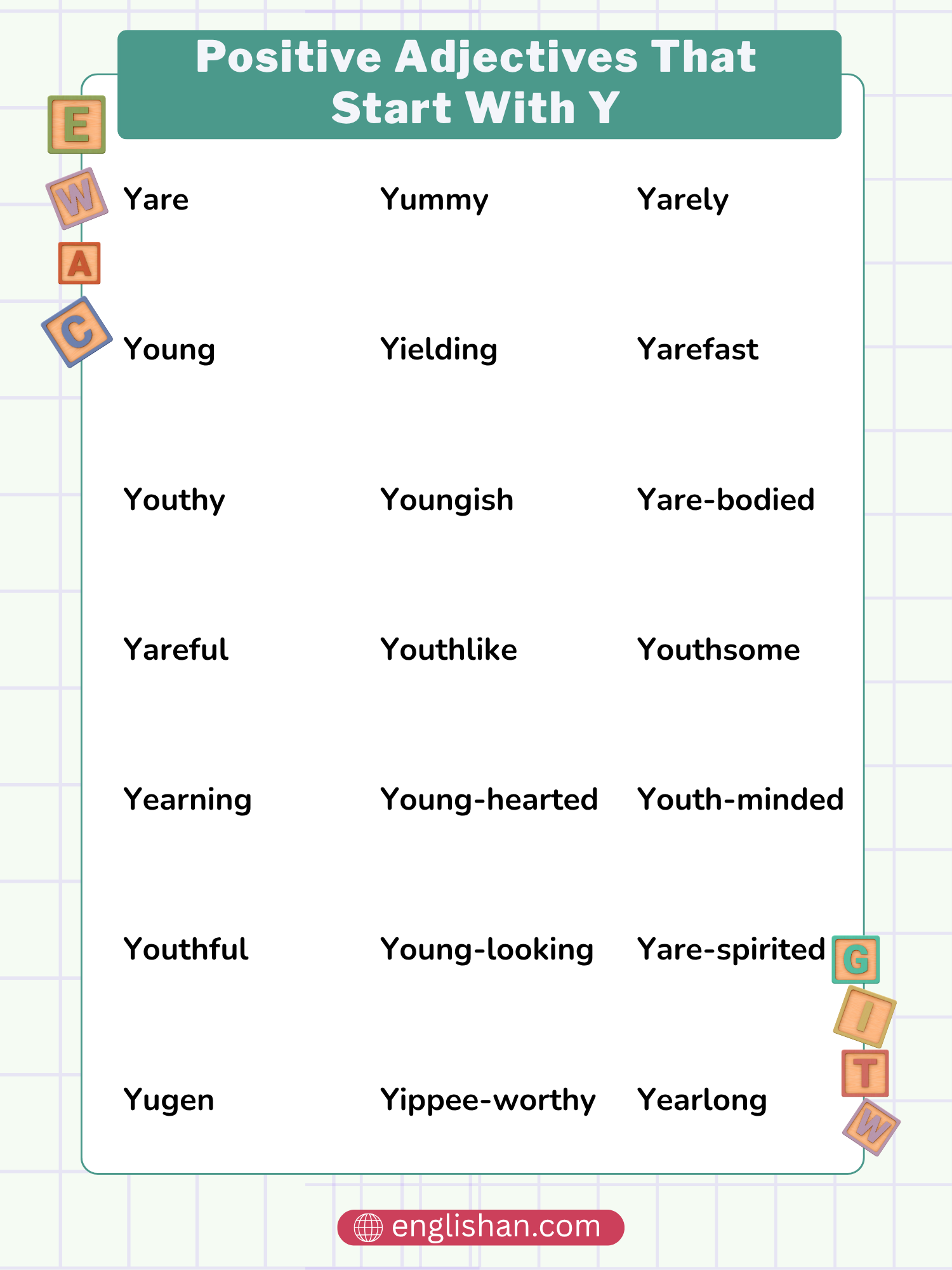Positive adjectives that start with Y for people, friends, work, and places