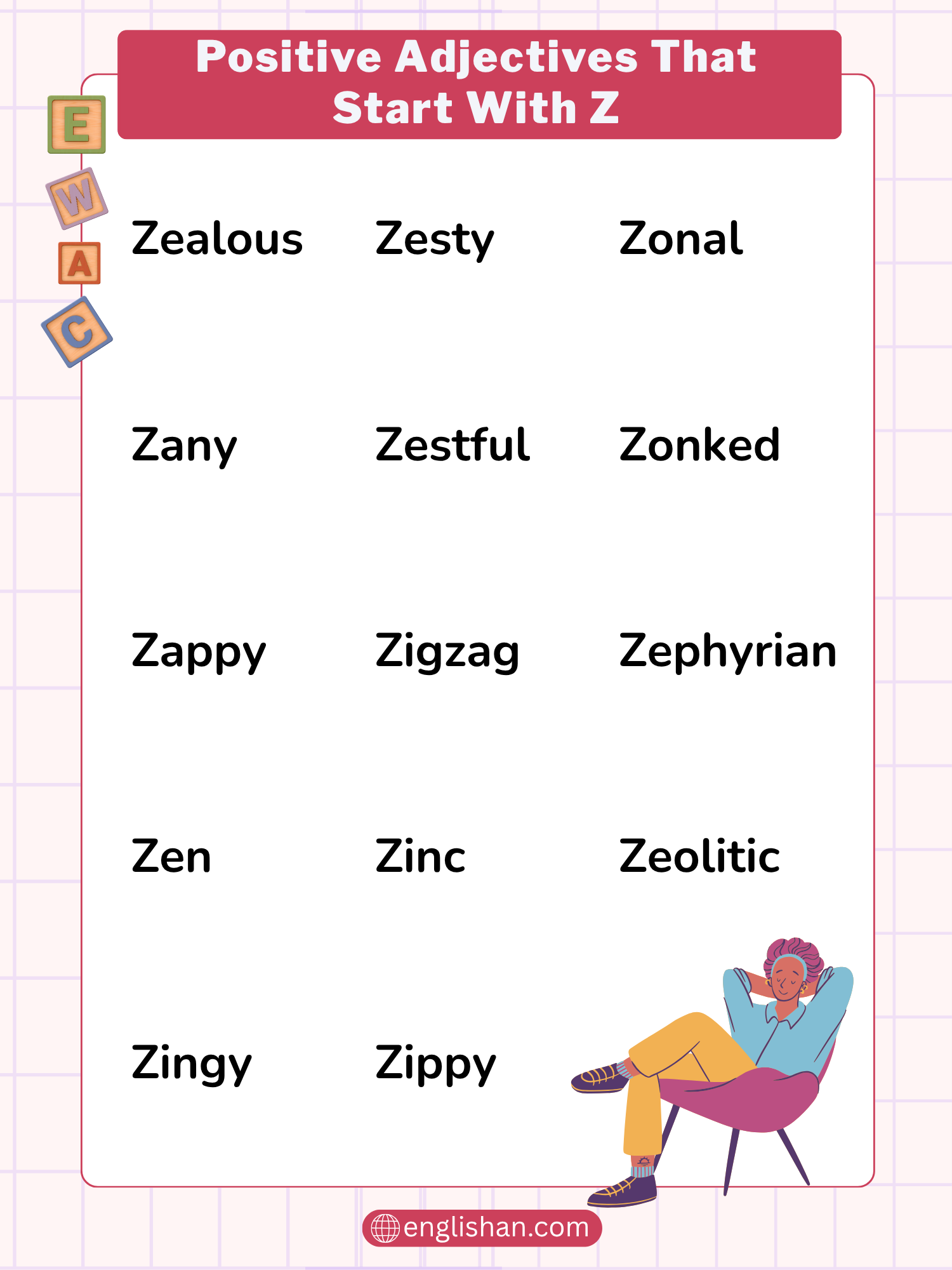 Positive adjectives starting with Z for people, friends, and work