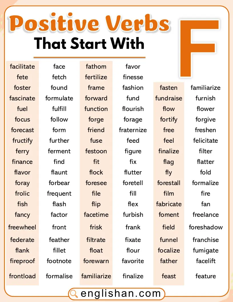 Positive verbs that start with F for English learners