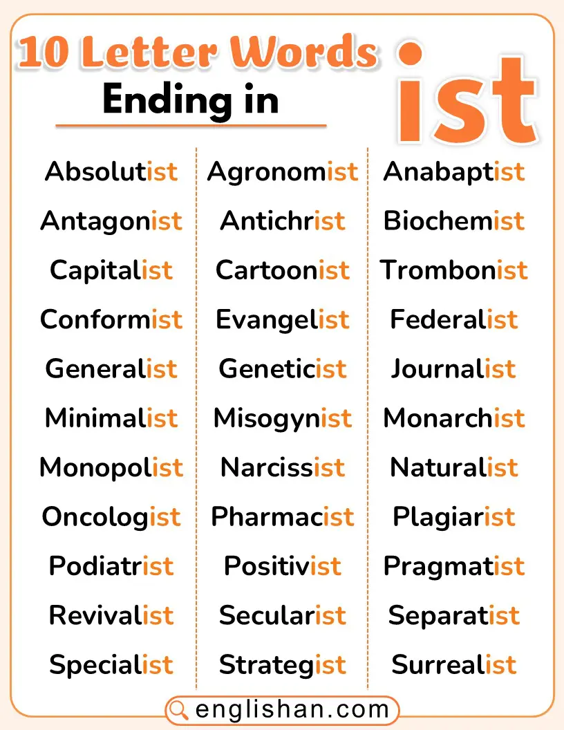 Set of ten-letter English words that end in ist for advanced vocabulary
