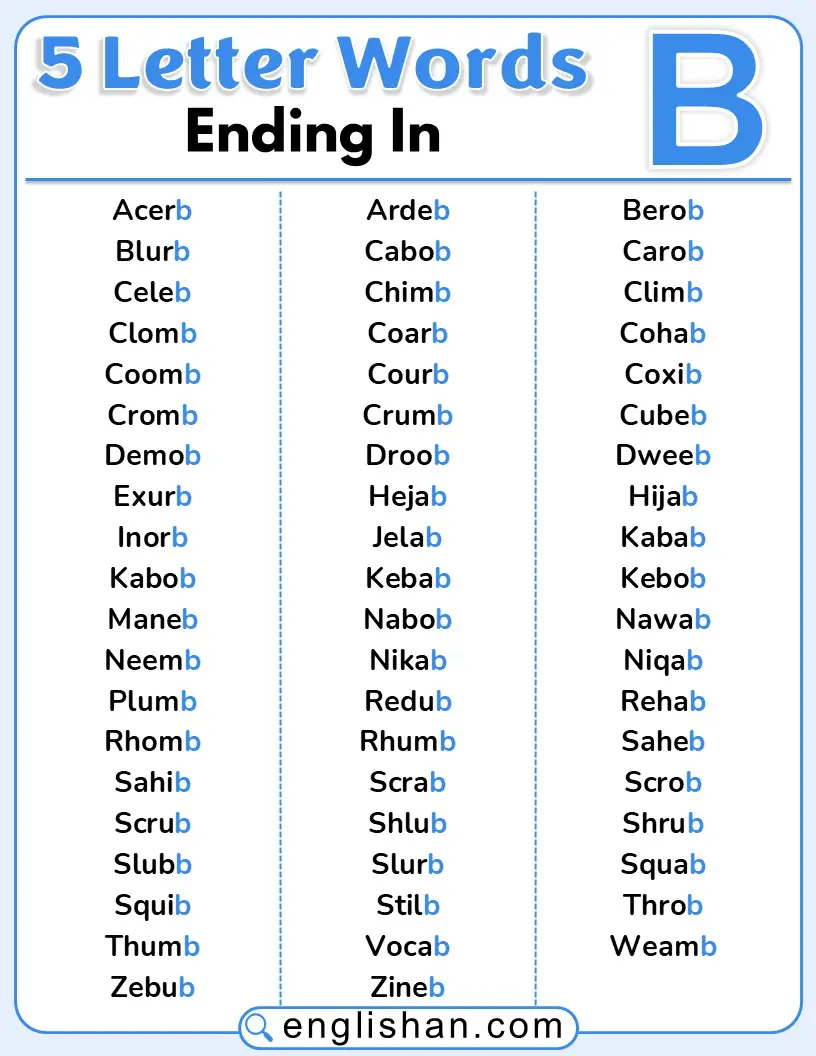 5-letter words ending with B listed in a table.