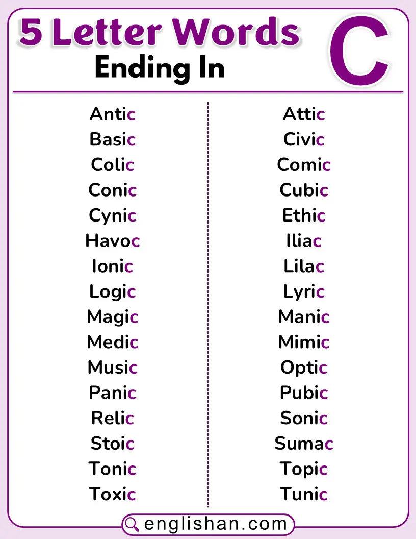 5-letter words ending with C displayed in a list