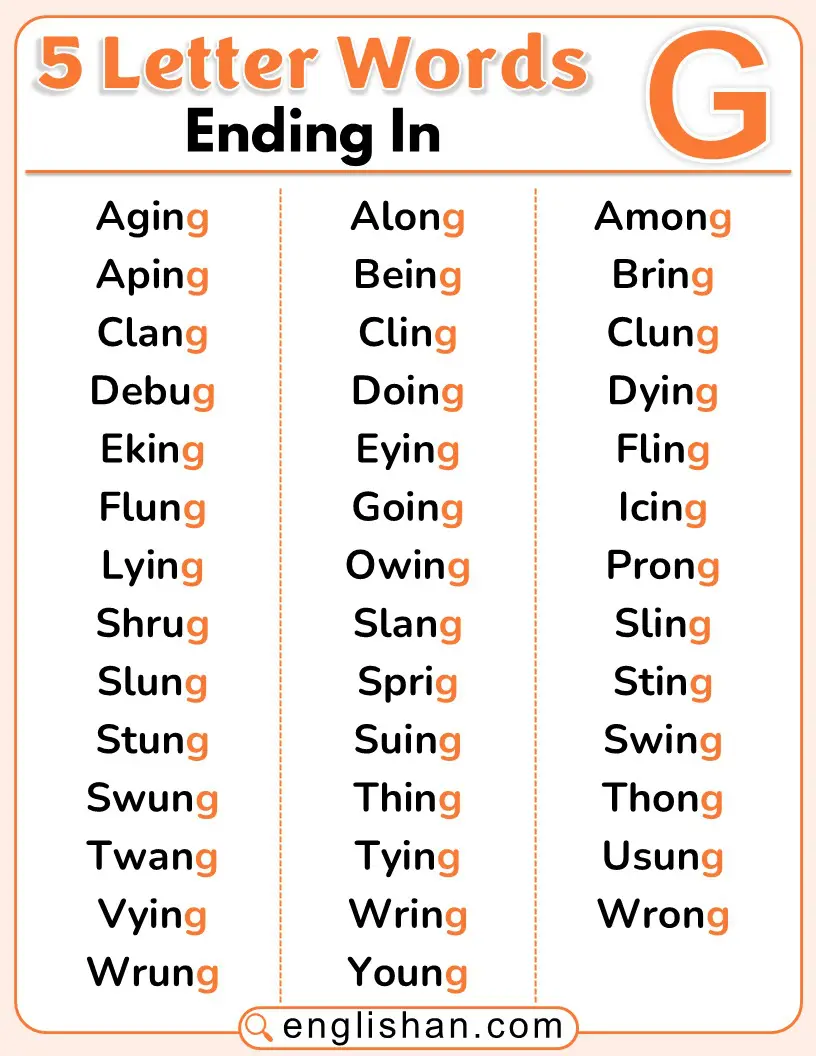 5 letter words ending with G in English
