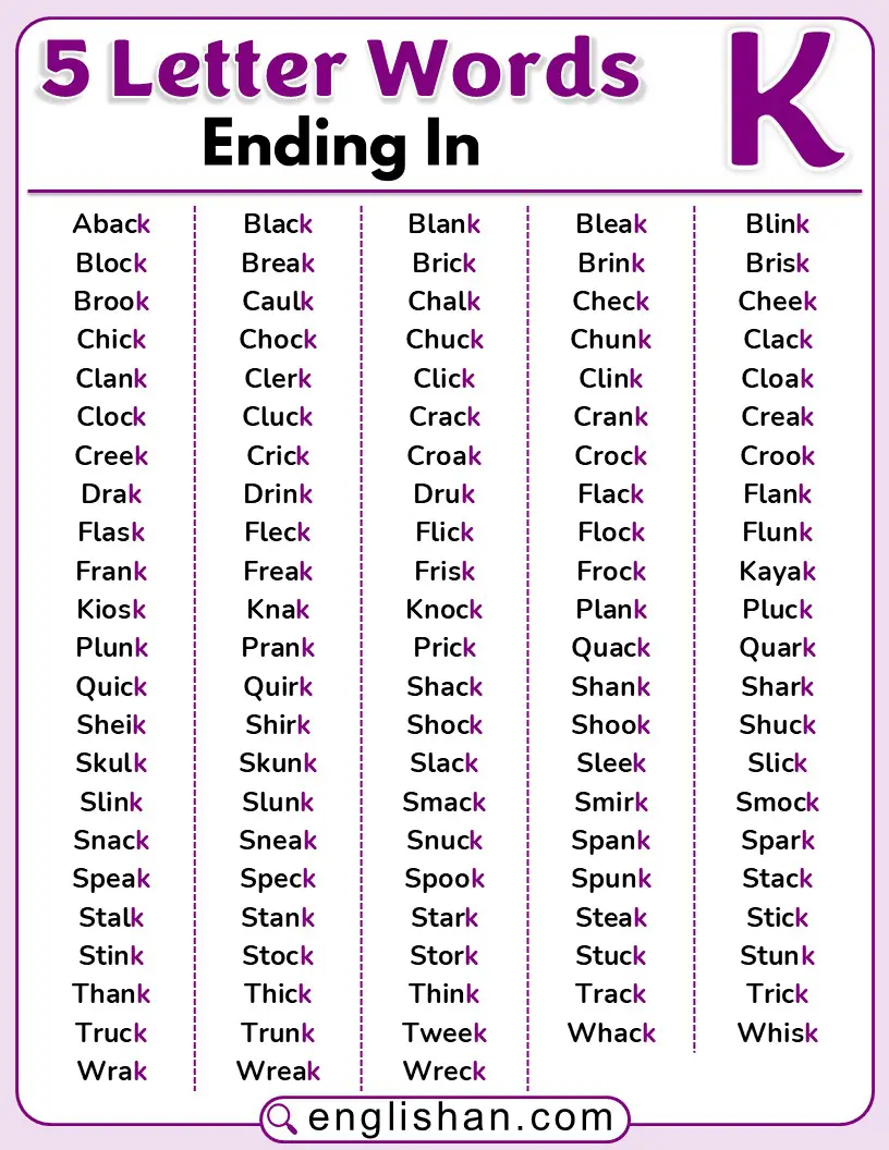 5-letter words that end with K in English