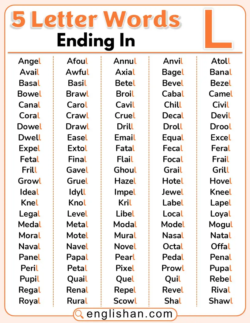 5-letter English words that end with the letter L
