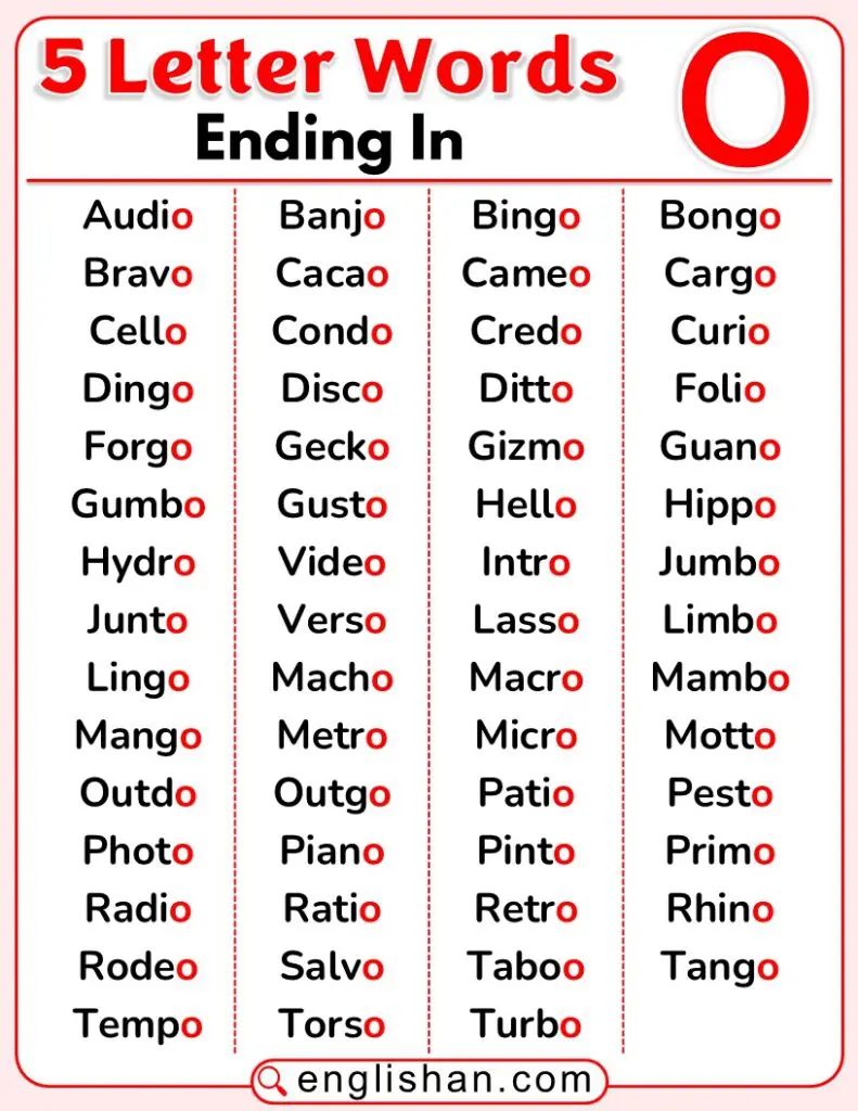 A list of 5-letter words that end with the letter O.