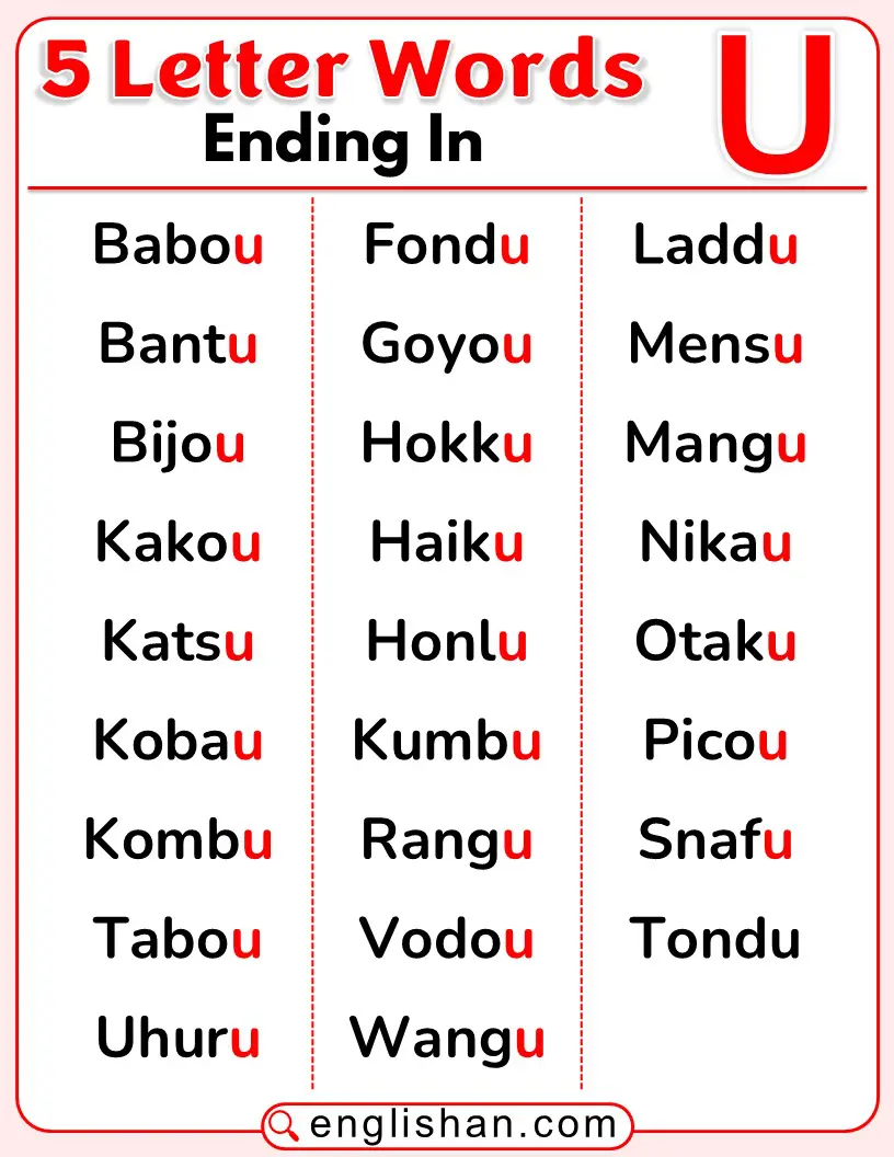Five-letter words ending with U in English