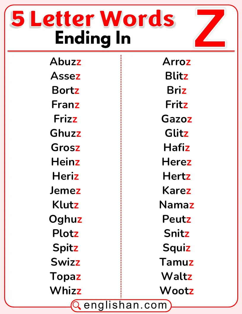 Five-letter words ending with Z for English learners