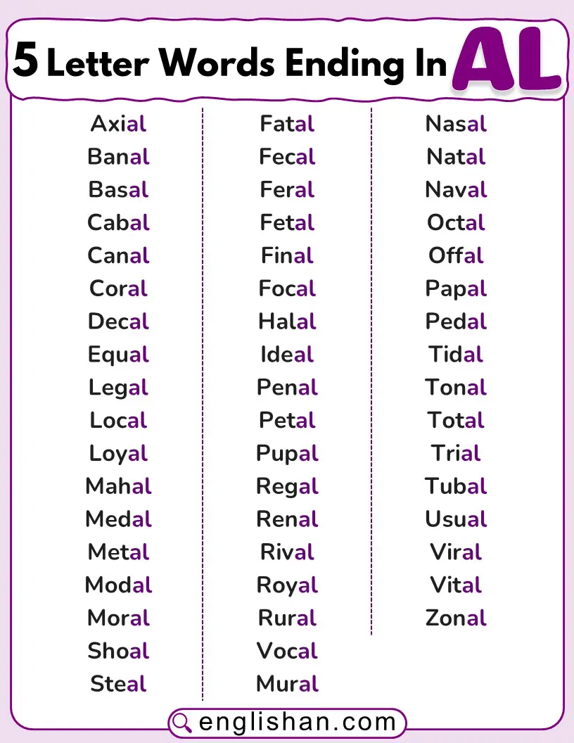 List of 5 letter words ending in al